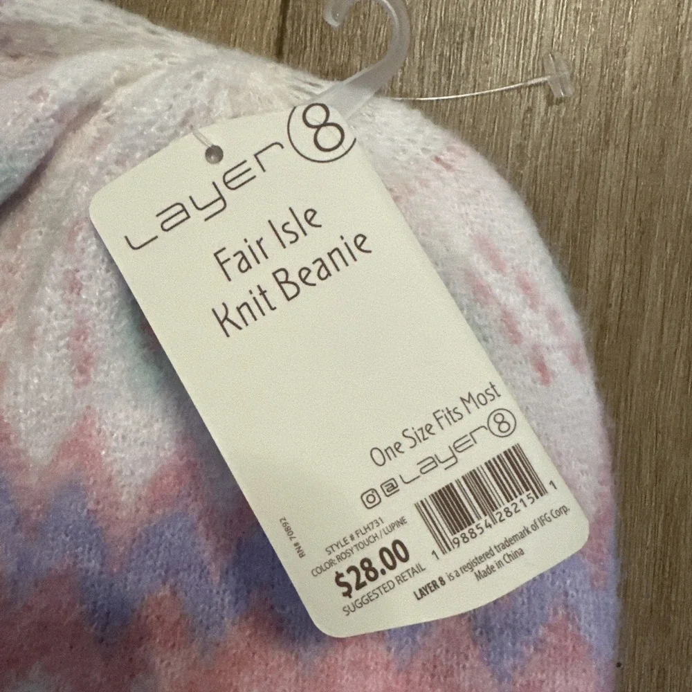 Layer 8 Women's Fair Isle Knit‎ Beanie Pink OSFM Wool Blend Skiing NEW